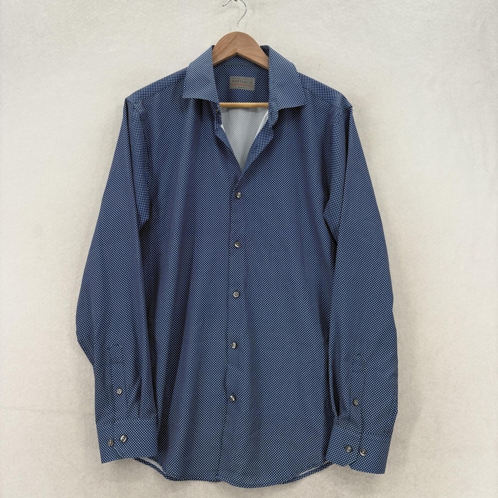 Perry Ellis Performance Tech Dress Shirt Mens 15.5 34/35 Blue Slim Fit Stretch